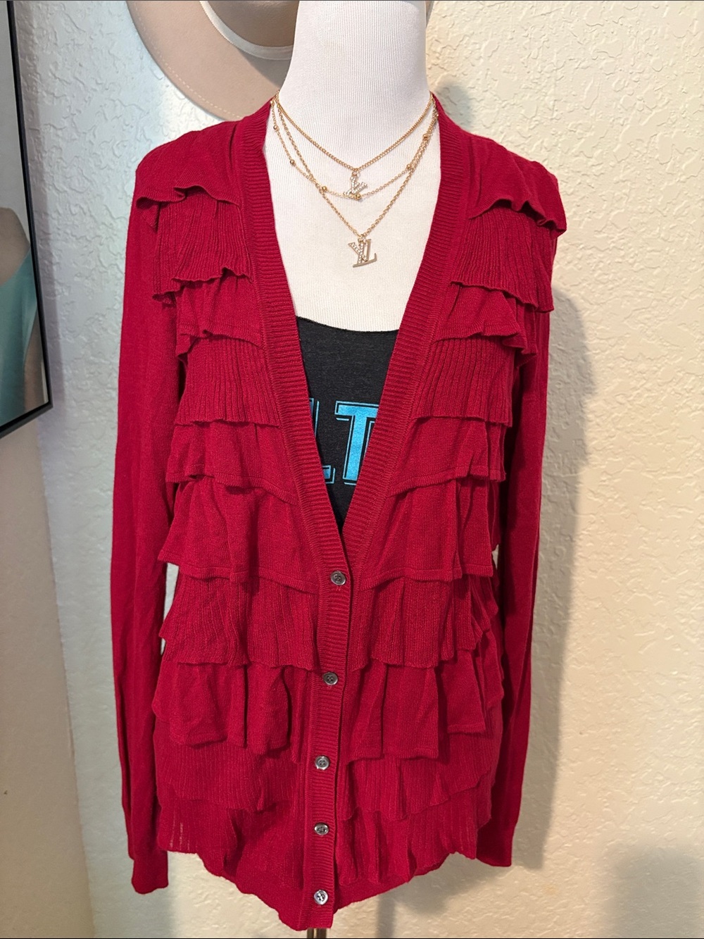 Ann Taylor Red Ruffle Front Cardigan